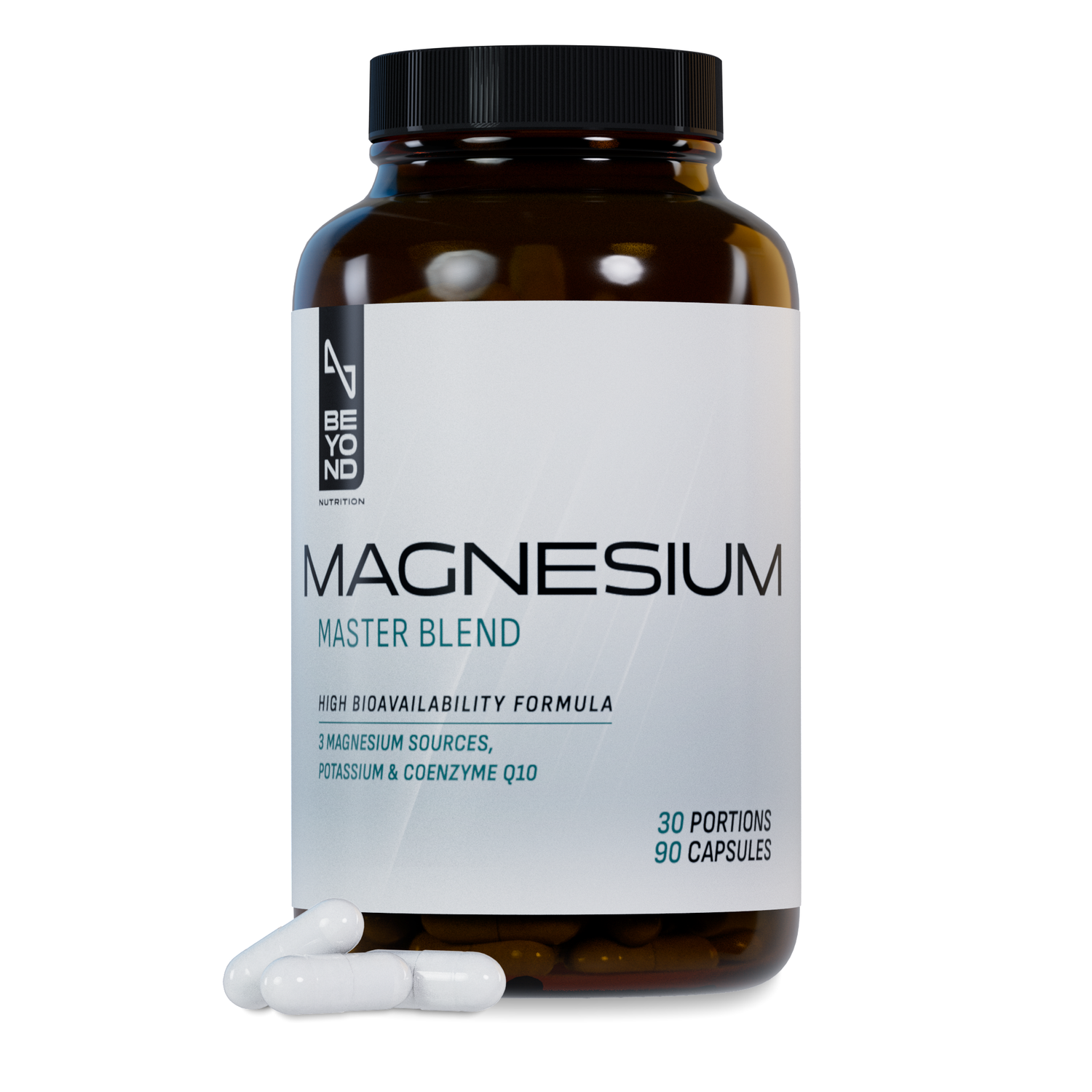 A bottle of magnesium supplement capsules with the label 'MAGNESIUM' and the product name 'MAGNESIUM MASTER BLEND'. It is described as a high bioavailability formula with multiple magnesium sources.