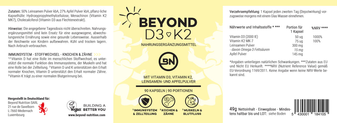 Beyond Nutrition Produktetikett vom Beyond Vitamin D3 + K2 Nahrungsergänzungsmittel