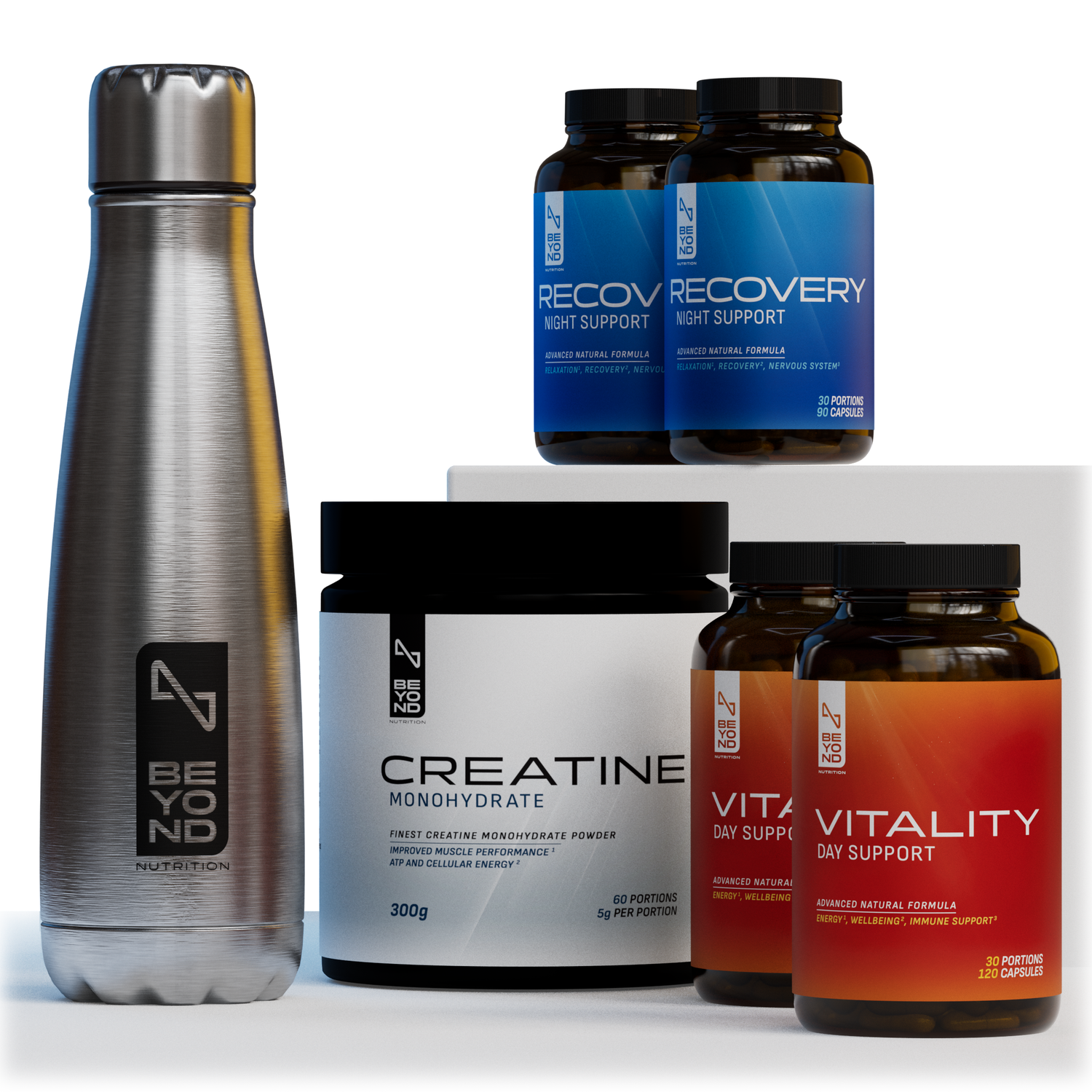 Supplement bottles labeled 'Recovery', 'Vitality', and 'Creatine' on a neutral background from Beyond Nutrition