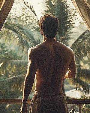Man standing with his back to the camera, looking at palm trees