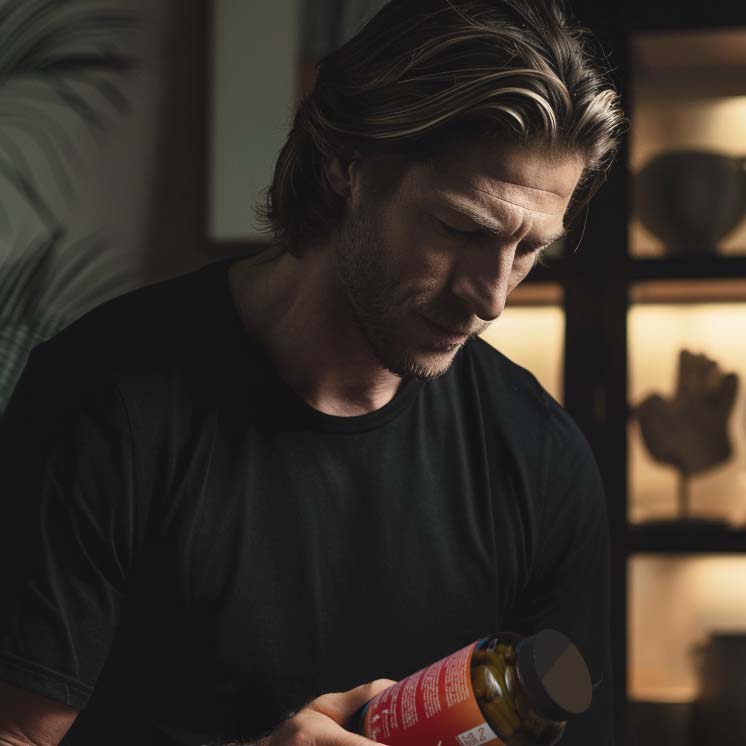 Mid aged man holding a glas bottle in his hand and reading the Beyond Vitality Label