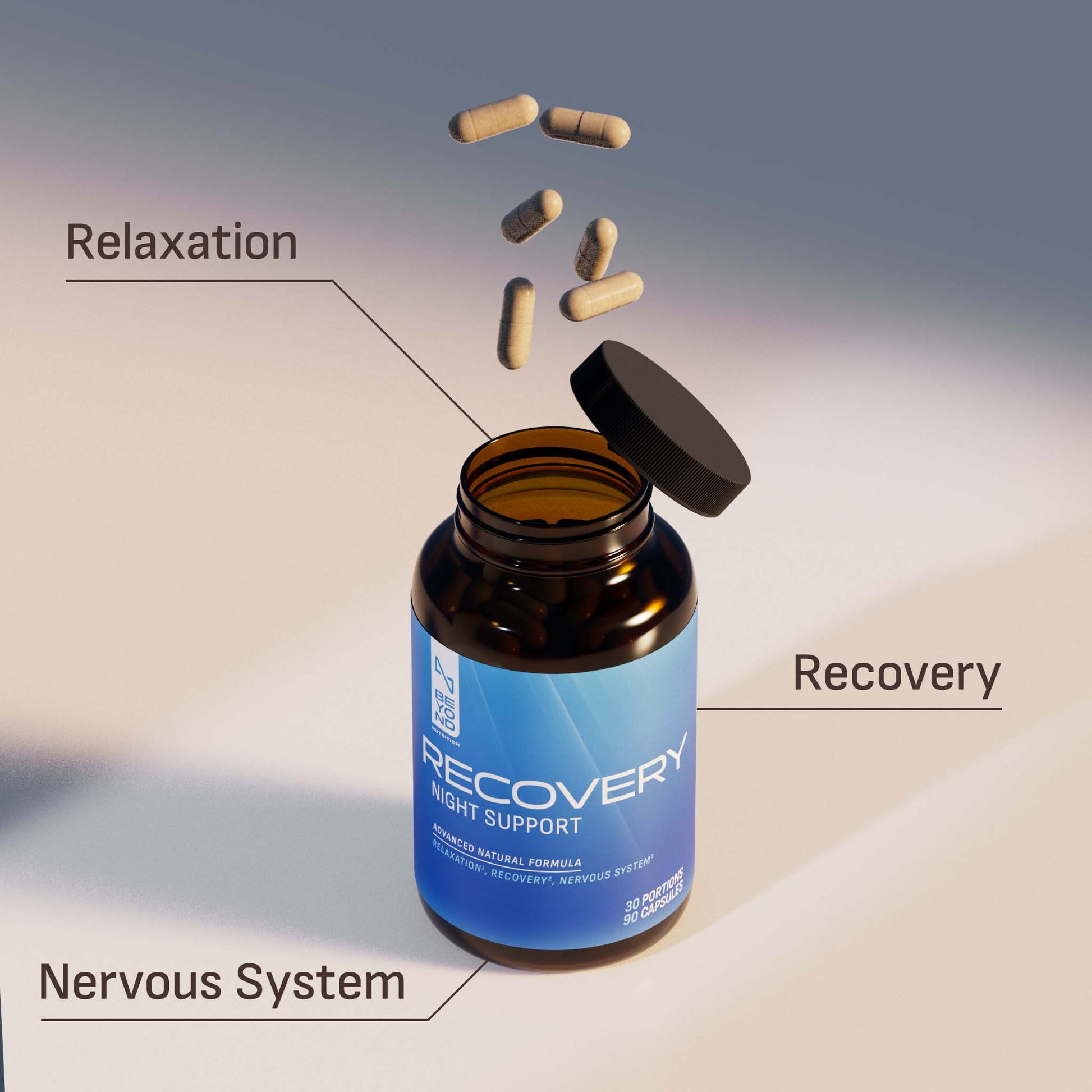 Vitamins labeled for relaxation, recovery, and nervous system on a gradient background