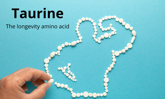 A figure of a bodybuilder with the text "taurine the longevity amino acid" on a blue background