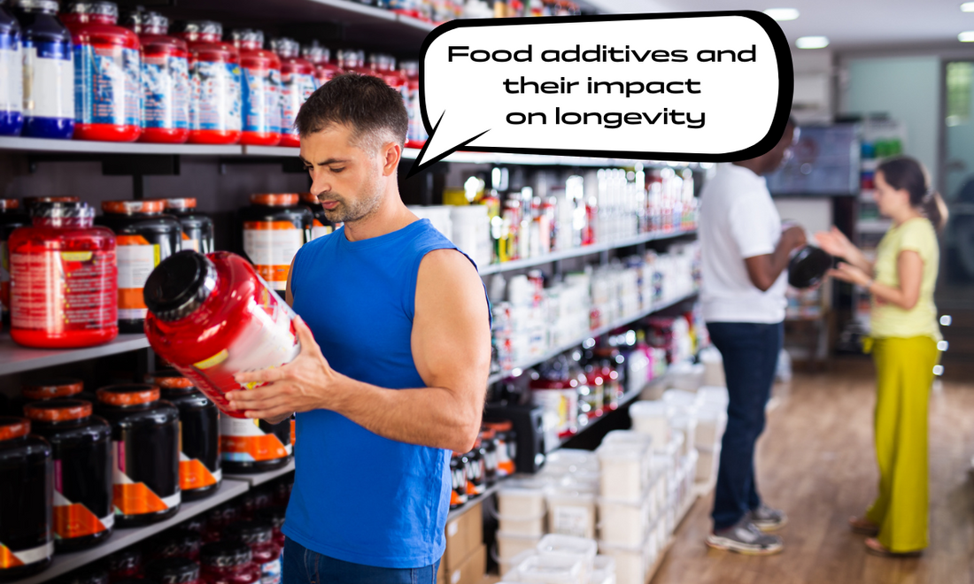 man standing at food supplements store and reading the label of a product