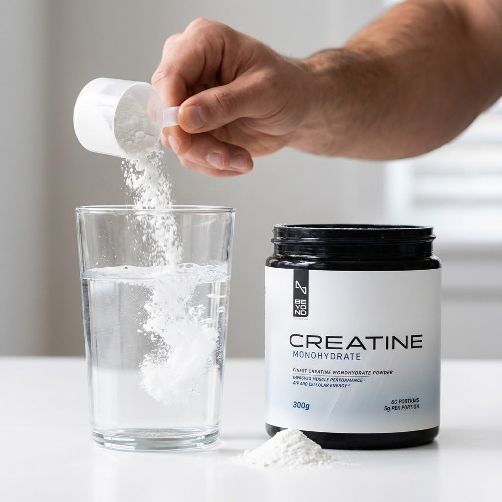 Creatine monohydrate bottle with a hand adding a scoop of powder into a glass of water