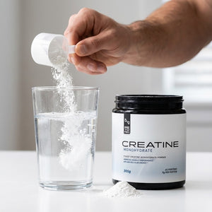 Creatine monohydrate bottle with a hand adding a scoop of powder into a glass of water