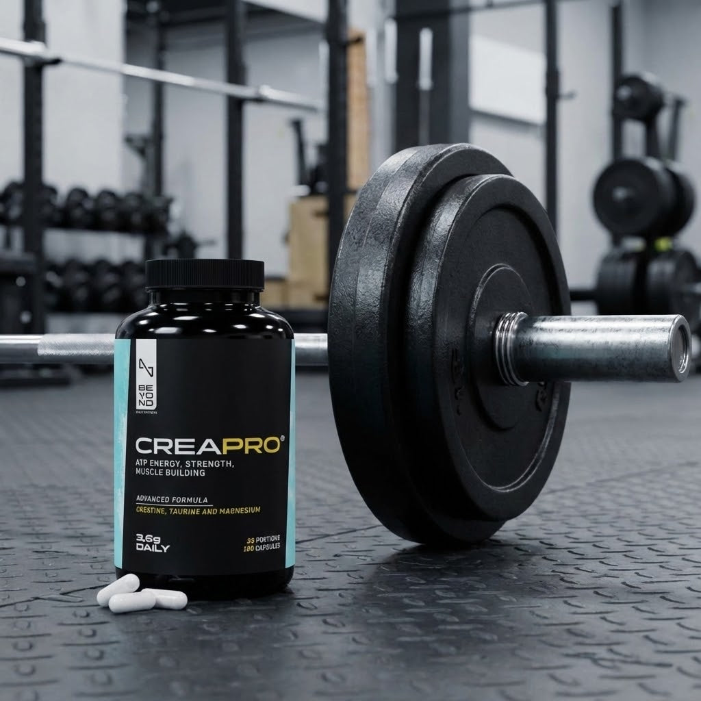 Creapro supplement bottle with a barbell in a gym setting