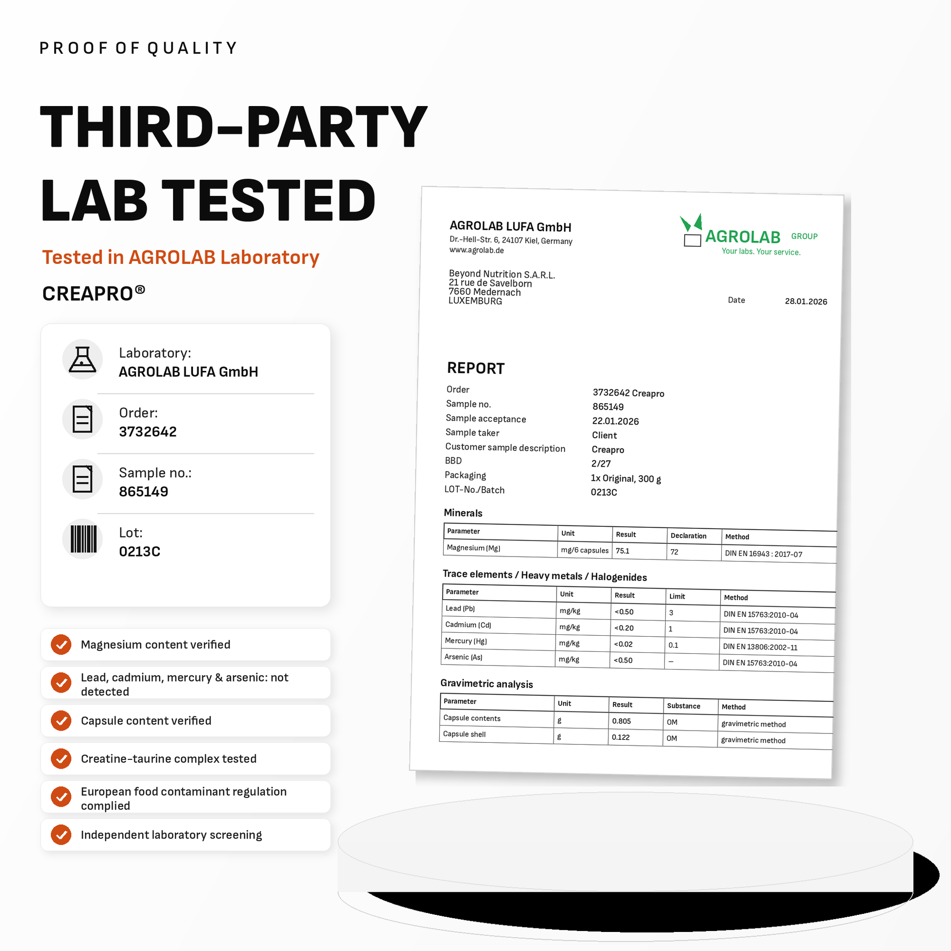 Third-party lab test report for Creapro product with AGROLAB Laboratory branding.