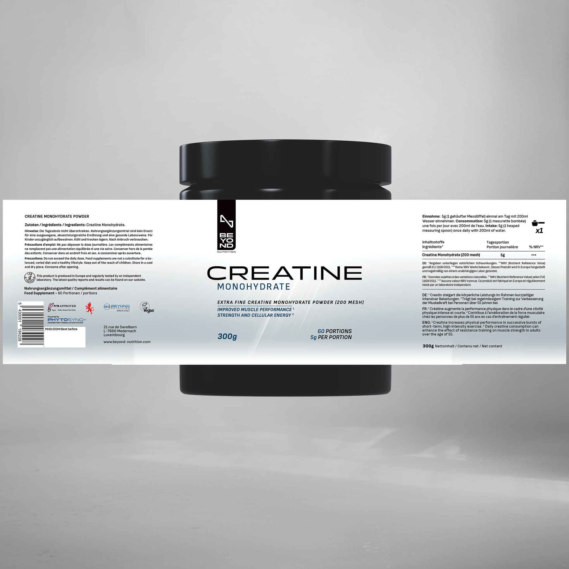 Creatine powder container with label on a gray background