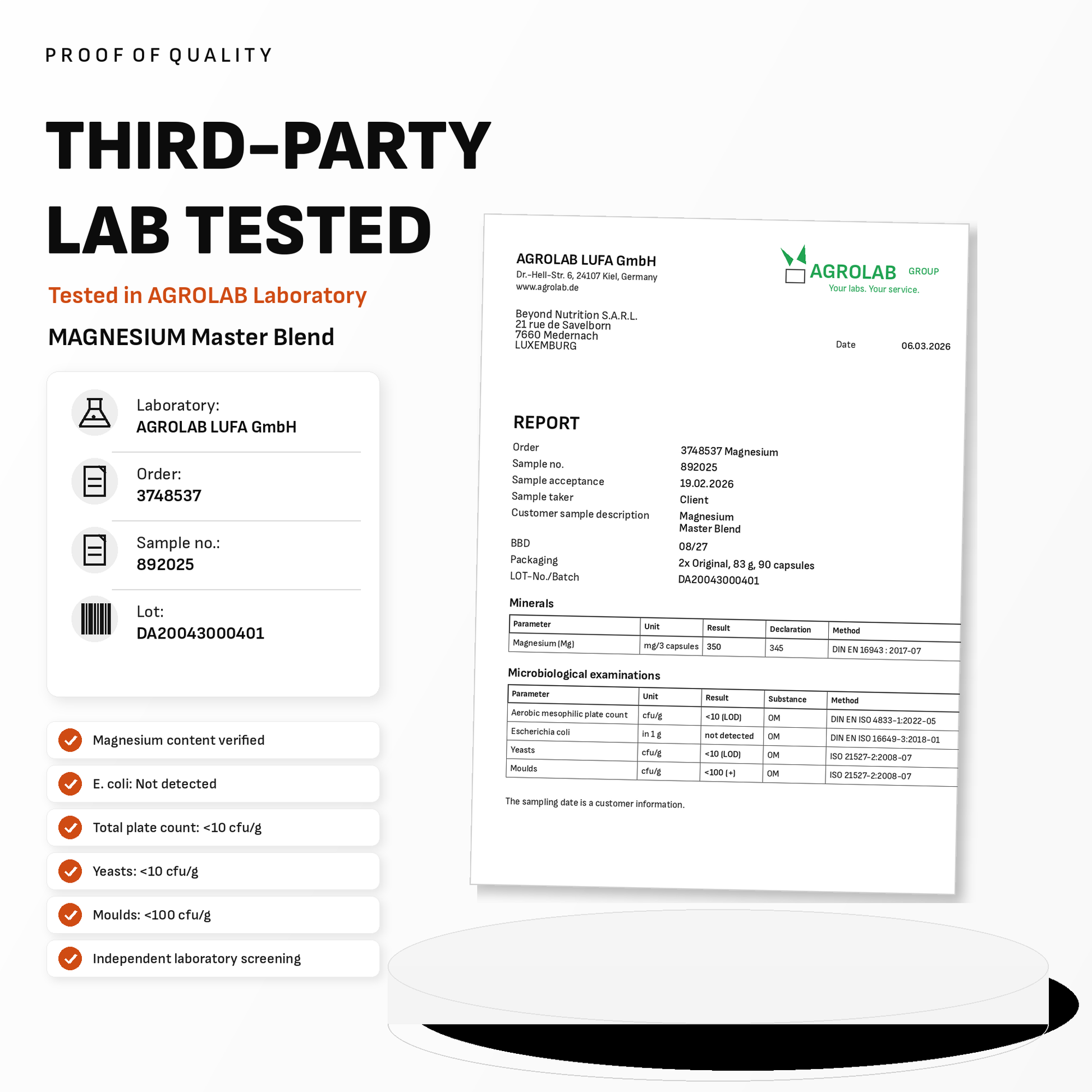 Third-party lab test report for Magnesium Master Blend from Agrolab Lufa GmbH.