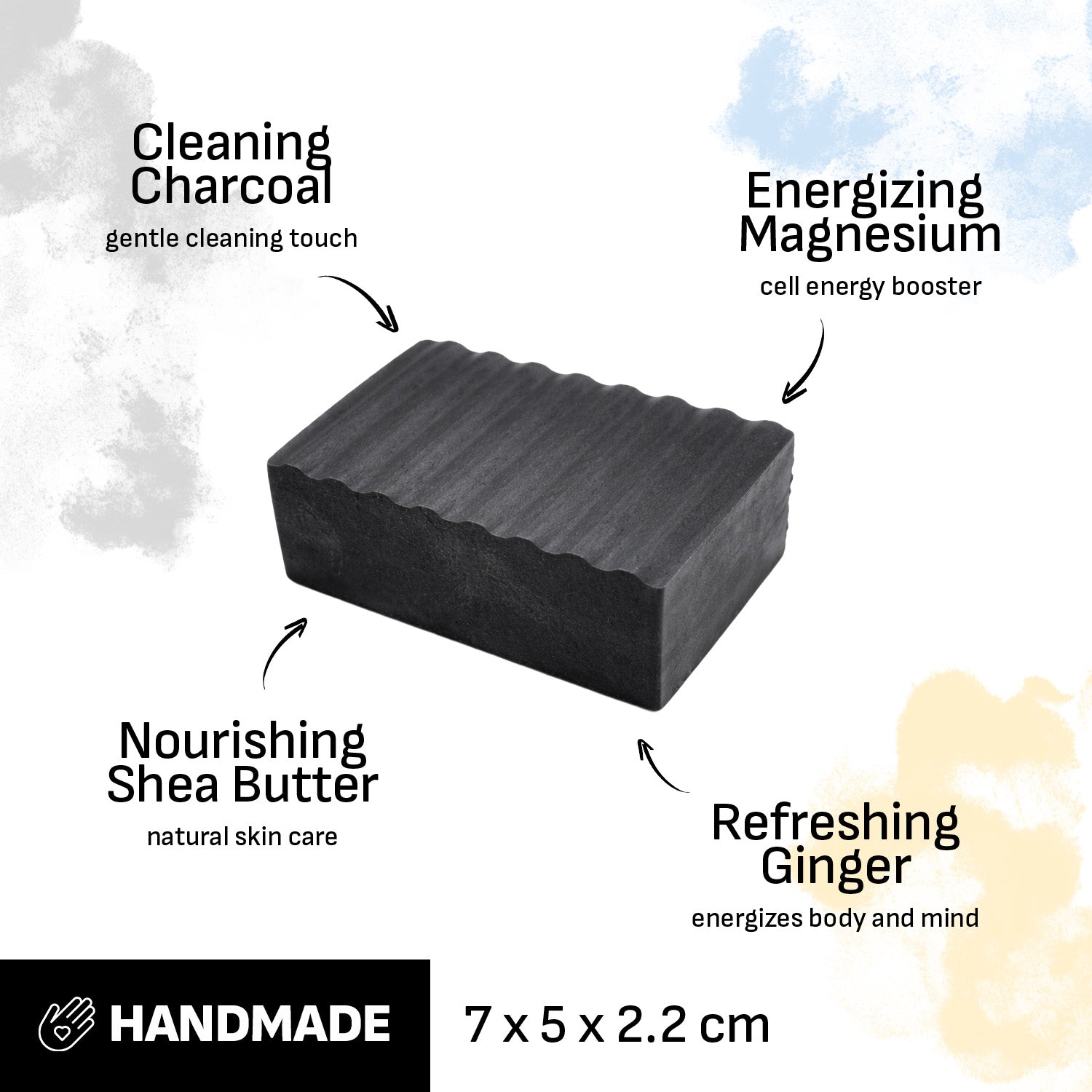 Black soap bar with text describing ingredients and benefits on a white background