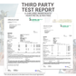 A promotional graphic for a third-party test report, featuring two printed Agrolab Luft GmbH report pages on a light gray background with a blurred outdoor scene behind them. Large text at the top reads 'THIRD PARTY TEST REPORT' and 'CLEAN LABEL INGREDIENTS* HEAVY METAL & PAH FREE.