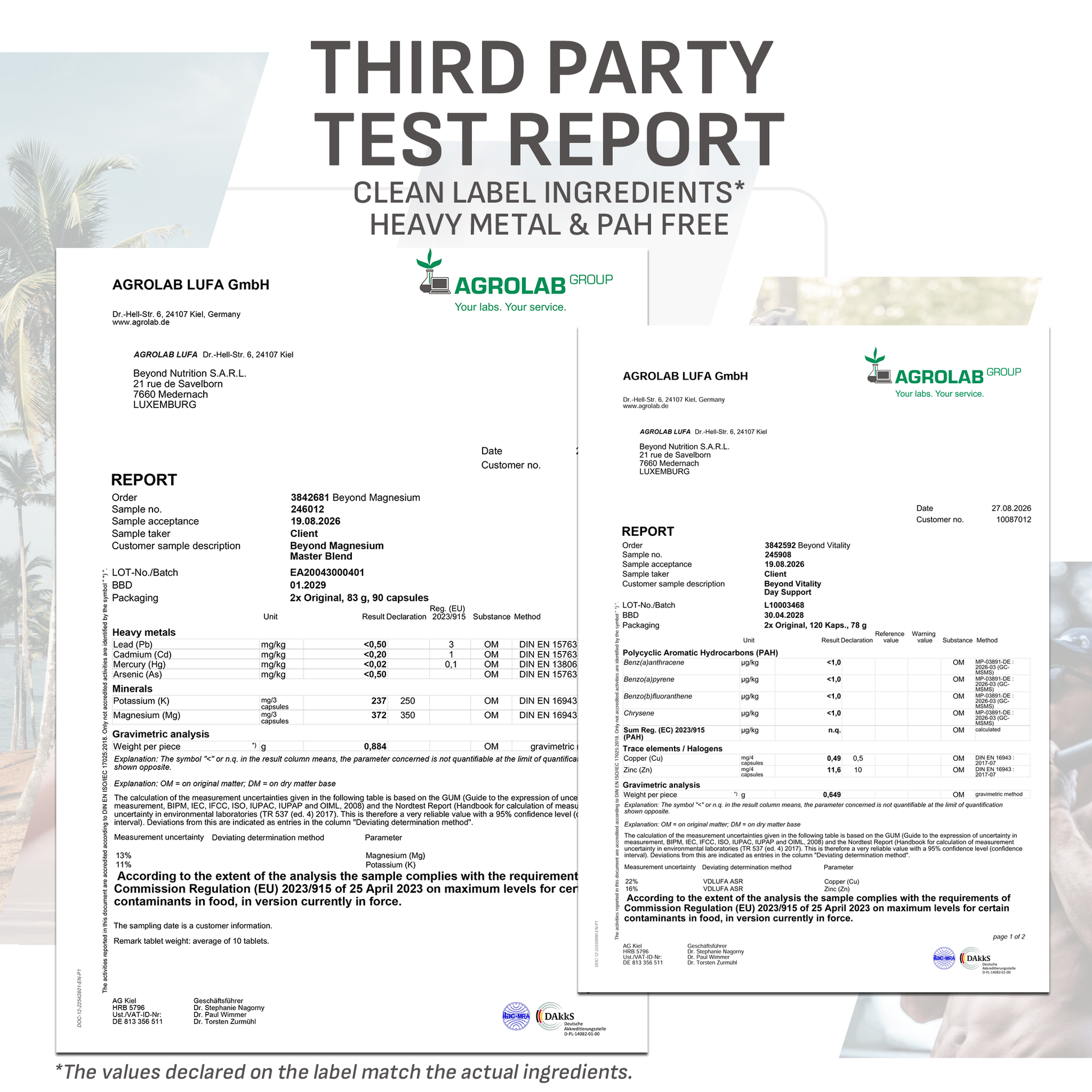 A promotional graphic for a third-party test report, featuring two printed Agrolab Luft GmbH report pages on a light gray background with a blurred outdoor scene behind them. Large text at the top reads 'THIRD PARTY TEST REPORT' and 'CLEAN LABEL INGREDIENTS* HEAVY METAL & PAH FREE.