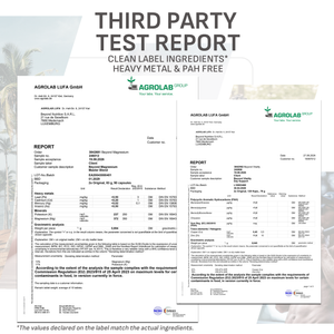 A promotional graphic for a third-party test report, featuring two printed Agrolab Luft GmbH report pages on a light gray background with a blurred outdoor scene behind them. Large text at the top reads 'THIRD PARTY TEST REPORT' and 'CLEAN LABEL INGREDIENTS* HEAVY METAL & PAH FREE.