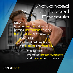 Advertisement for CreaPro supplement with a person lifting weights and text about creatine, L-aurine, and magnesium.