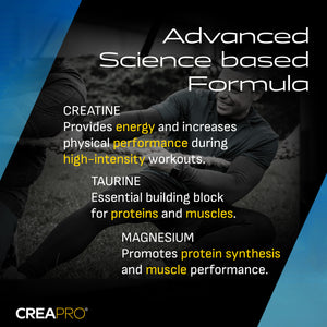 Advertisement for CreaPro supplement with text about creatine, taurine, and magnesium benefits.
