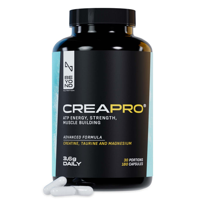 CREAPRO creatine monohydrate, taurine and magnesium capsule bottle by Beyond Nutrition with white capsules, 3.6 g daily serving, 180 capsules and 30 portions