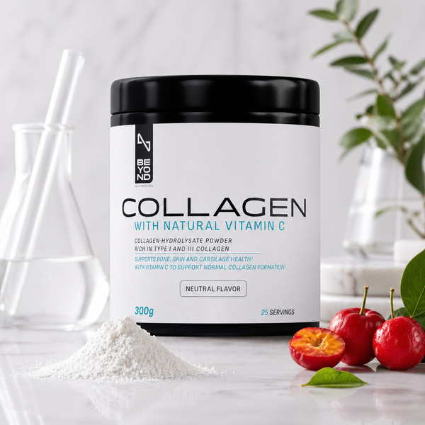 Collagen powder container with ingredients on a light surface