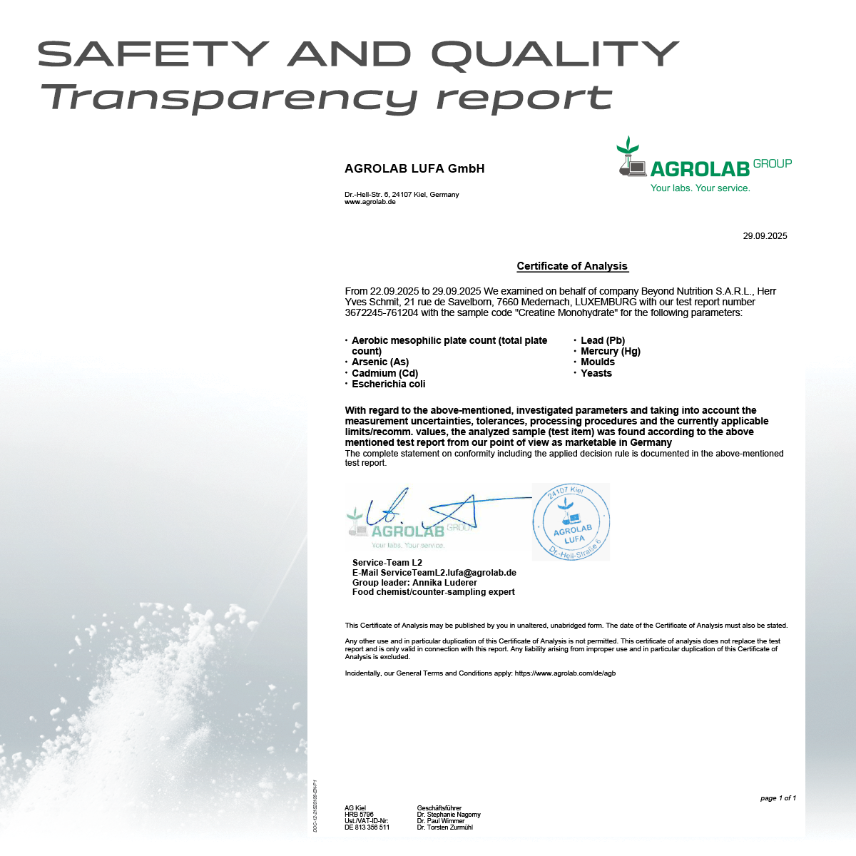 Safety and quality transparency report from Agrolab Lufa GmbH with certification details.