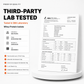 Whey protein isolate container with GBA Polska lab test report on a white background