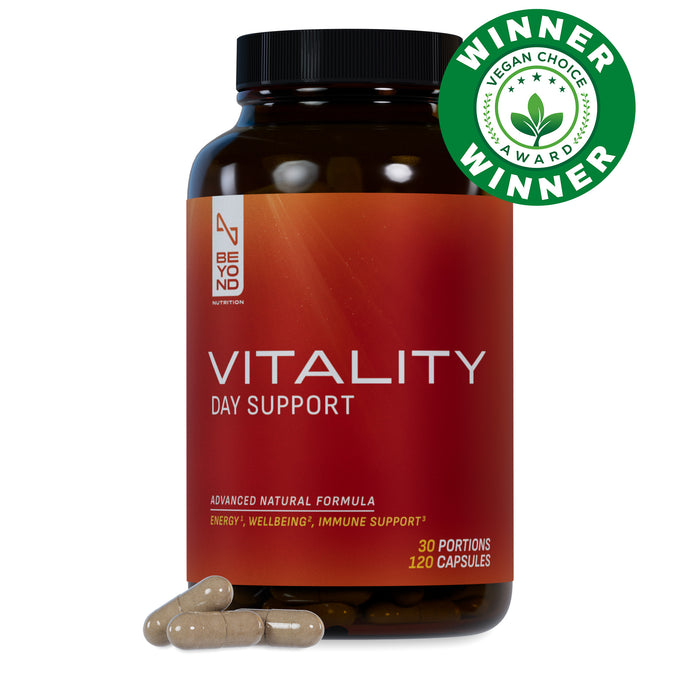 Supplement bottle labeled 'Vitality Day Support' with a 'Winner' badge on a white background