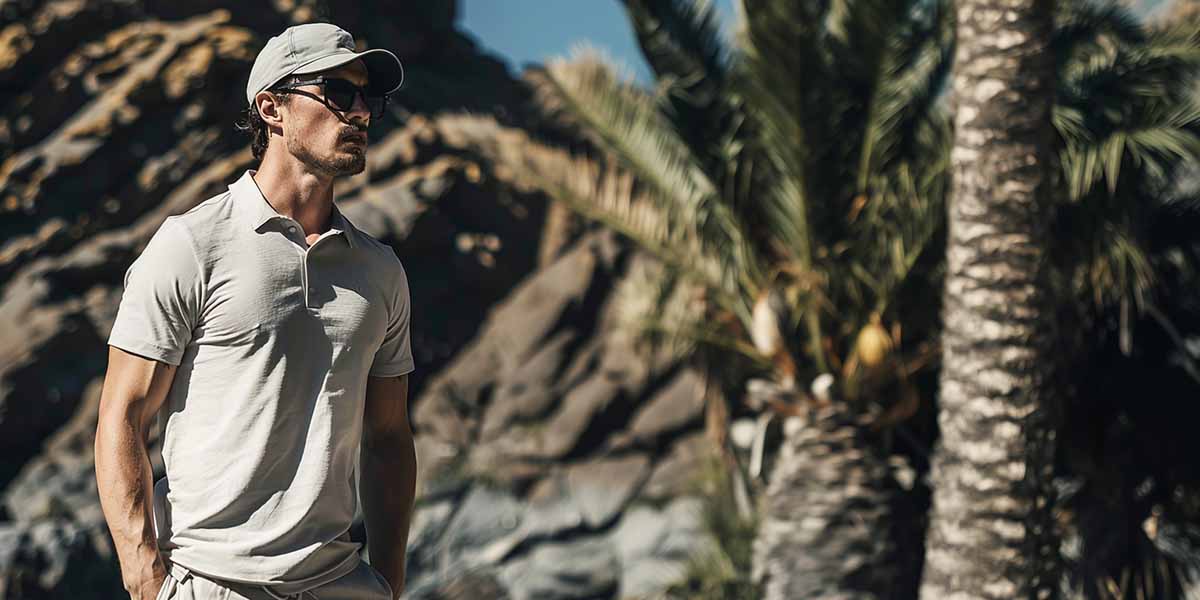Man wearing sunglasses and a cap standing in front of palm trees