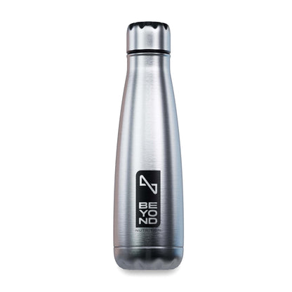 Silver insulated bottle with 'BEYOND NUTRITION' logo on a white background