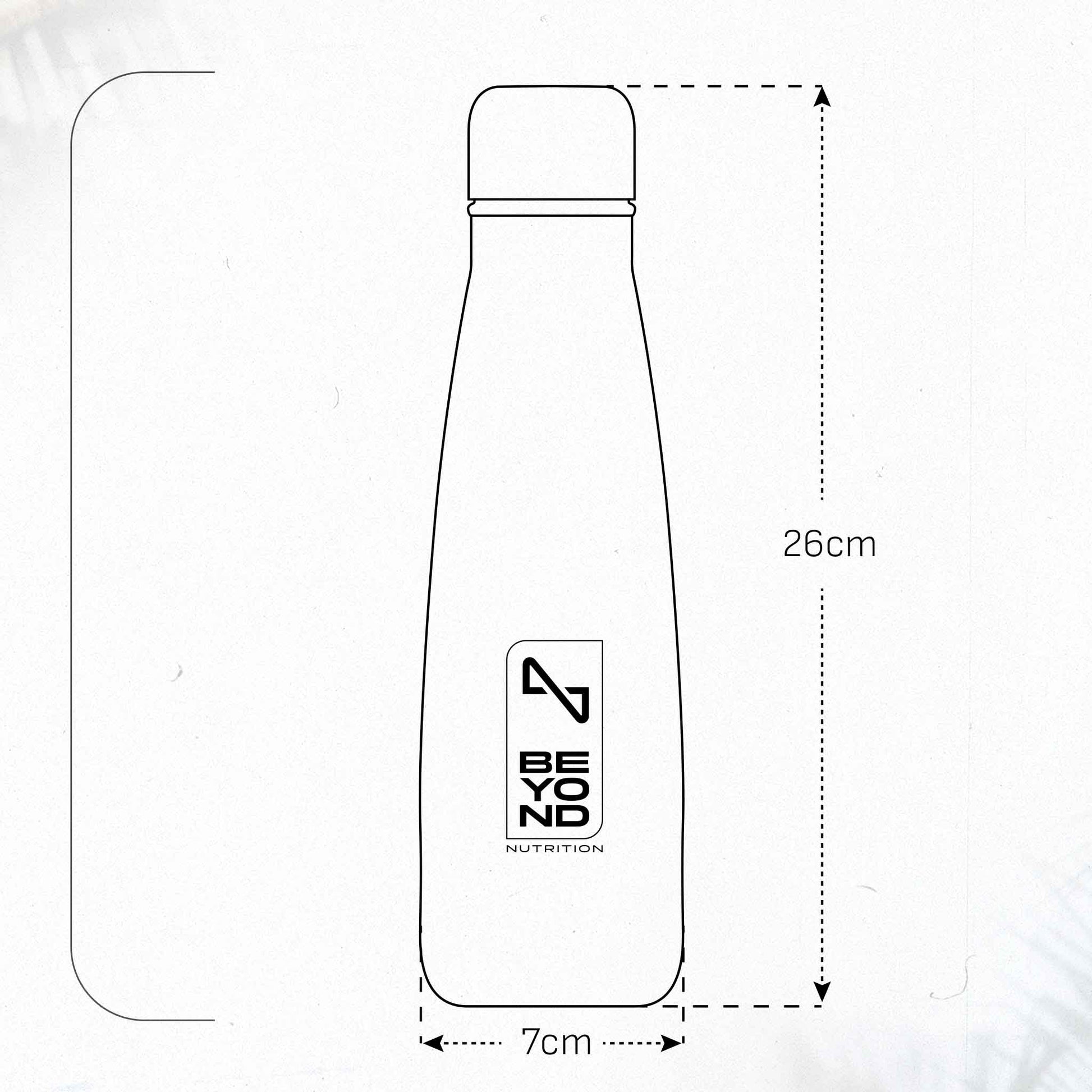 Measurement chart of a product with 'BEYOND NUTRITION' logo on a white background