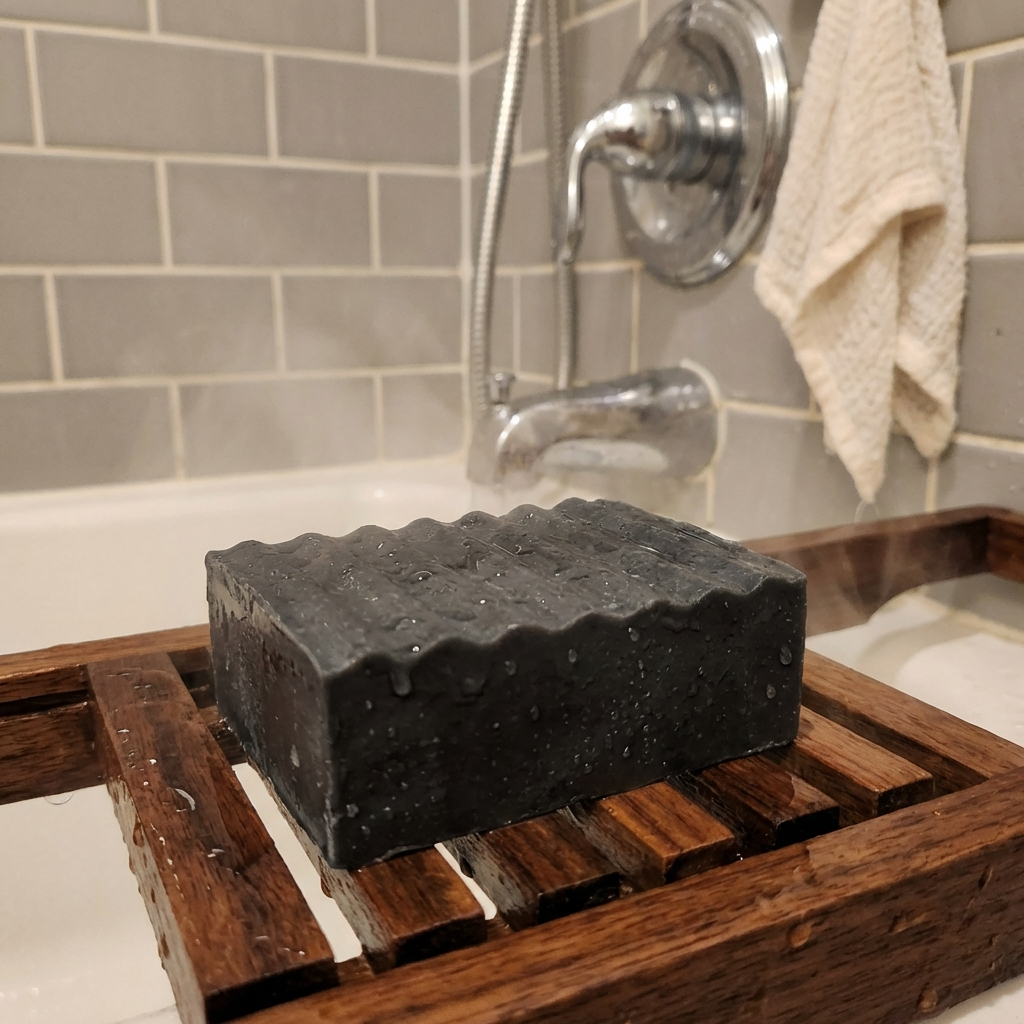 Black soap bar on a wooden tray in a bathroom setting