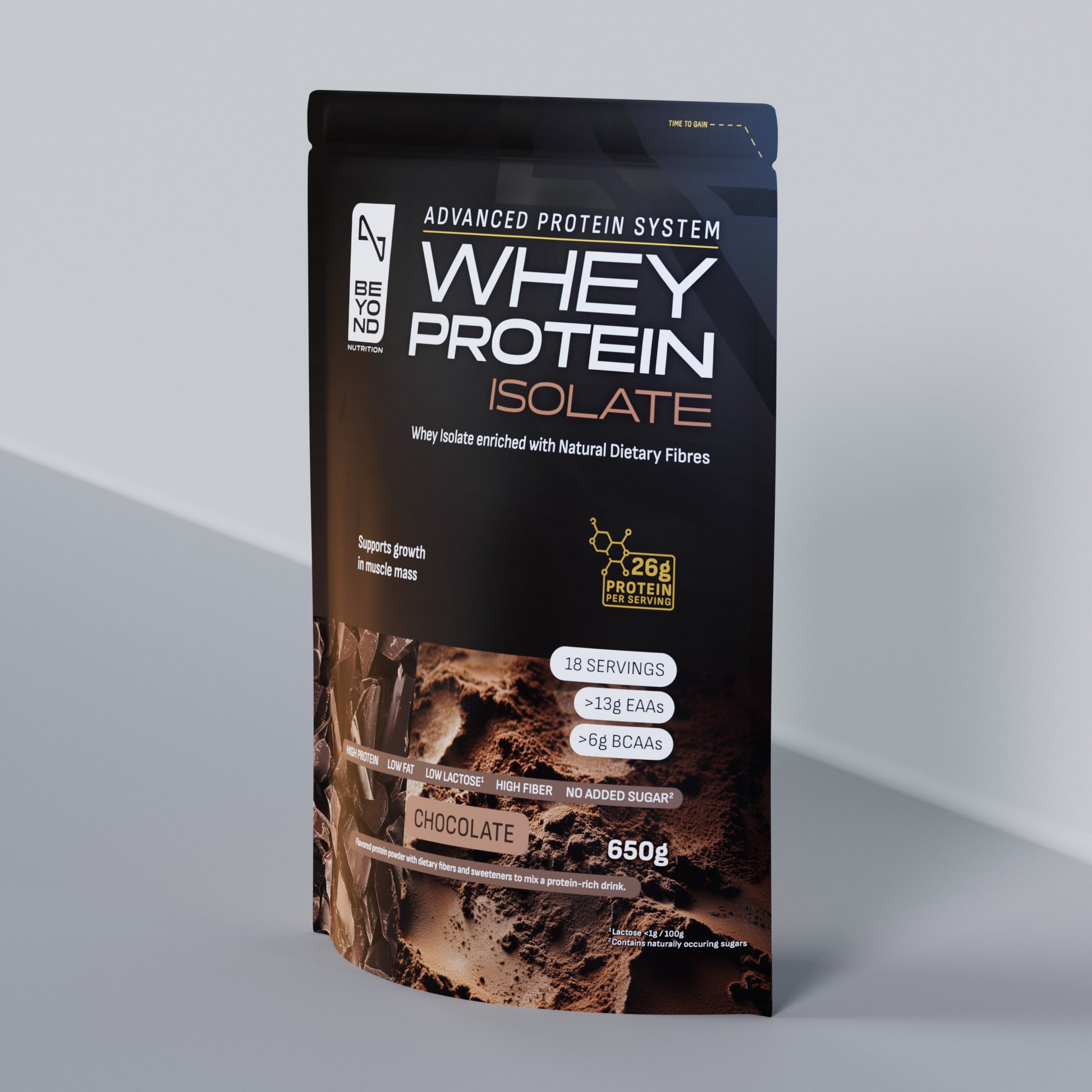 Whey protein isolate package with chocolate flavor on a gray background