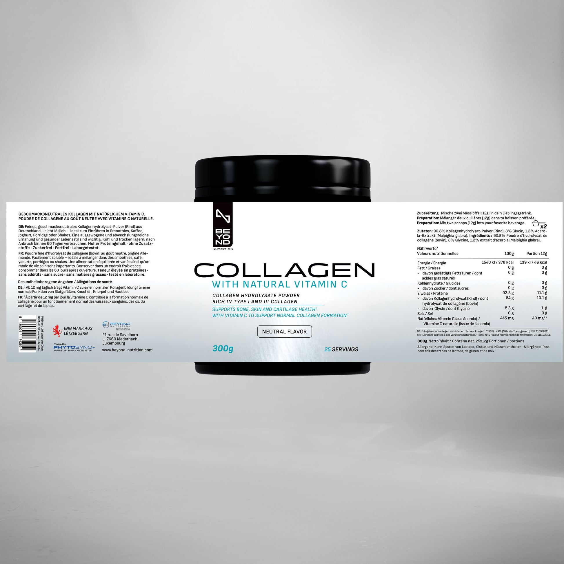 Collagen powder container with label on a gray background