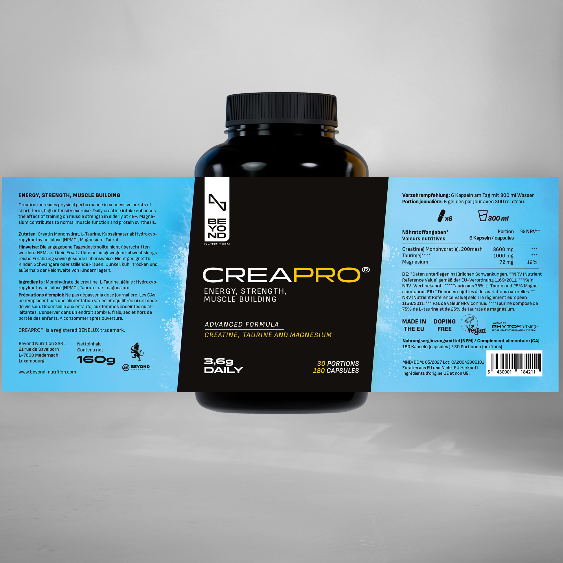 Black supplement bottle labeled 'CREA-PRO' with blue label on a gray background