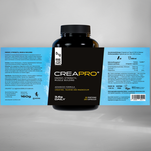 Black supplement bottle labeled 'CREA-PRO' with blue label on a gray background
