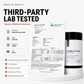 Creatine supplement container with third-party lab test results displayed on a white background