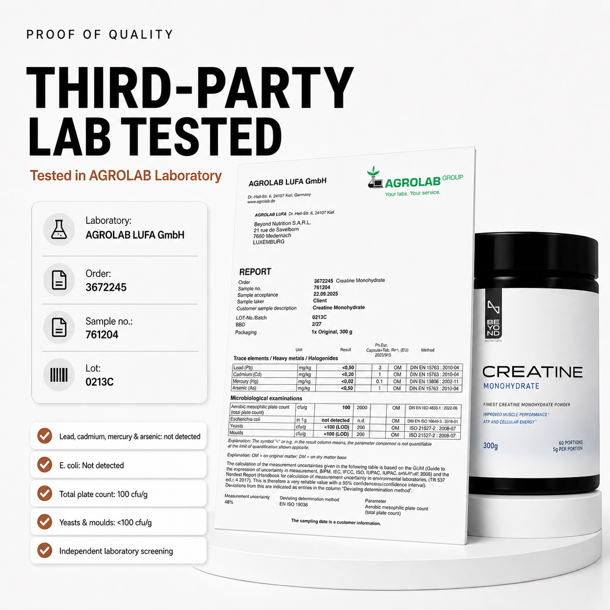 Creatine supplement container with third-party lab test results displayed on a white background