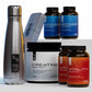 Collection of health and fitness products including a water bottle, protein powders, and supplement bottles on a white background.