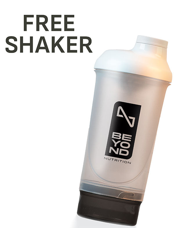 Clear shaker bottle with black logo on a white background, featuring 'Beyond Nutrition' branding.