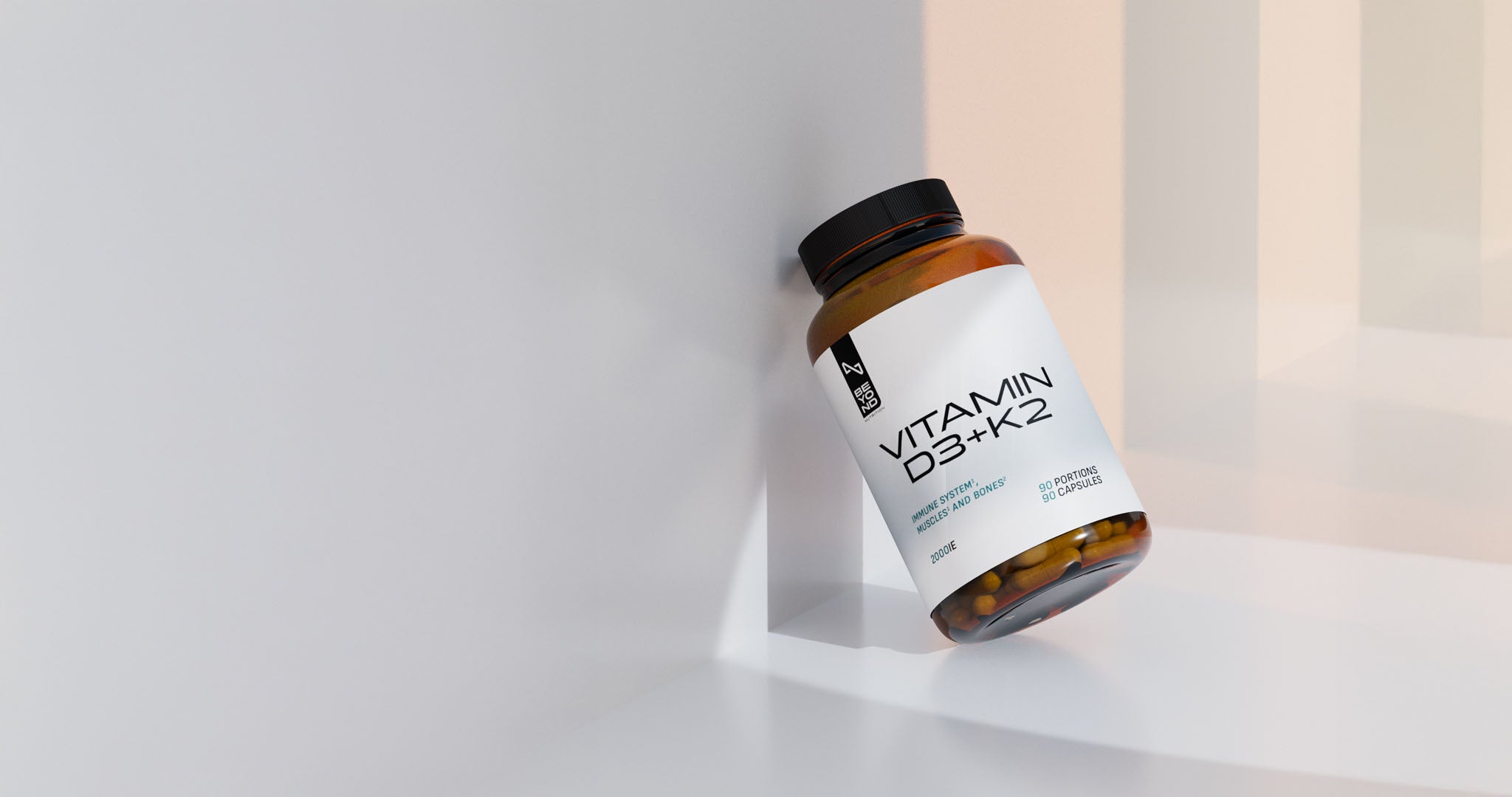 Vitamin D3-K2 supplement bottle on a light gray background