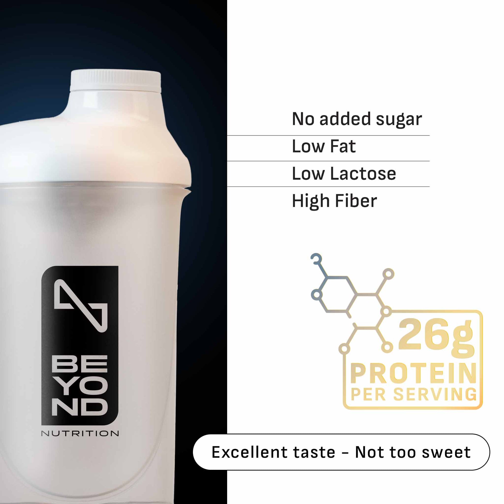 Beverage container with Beyond Nutrition branding and protein information on a white background