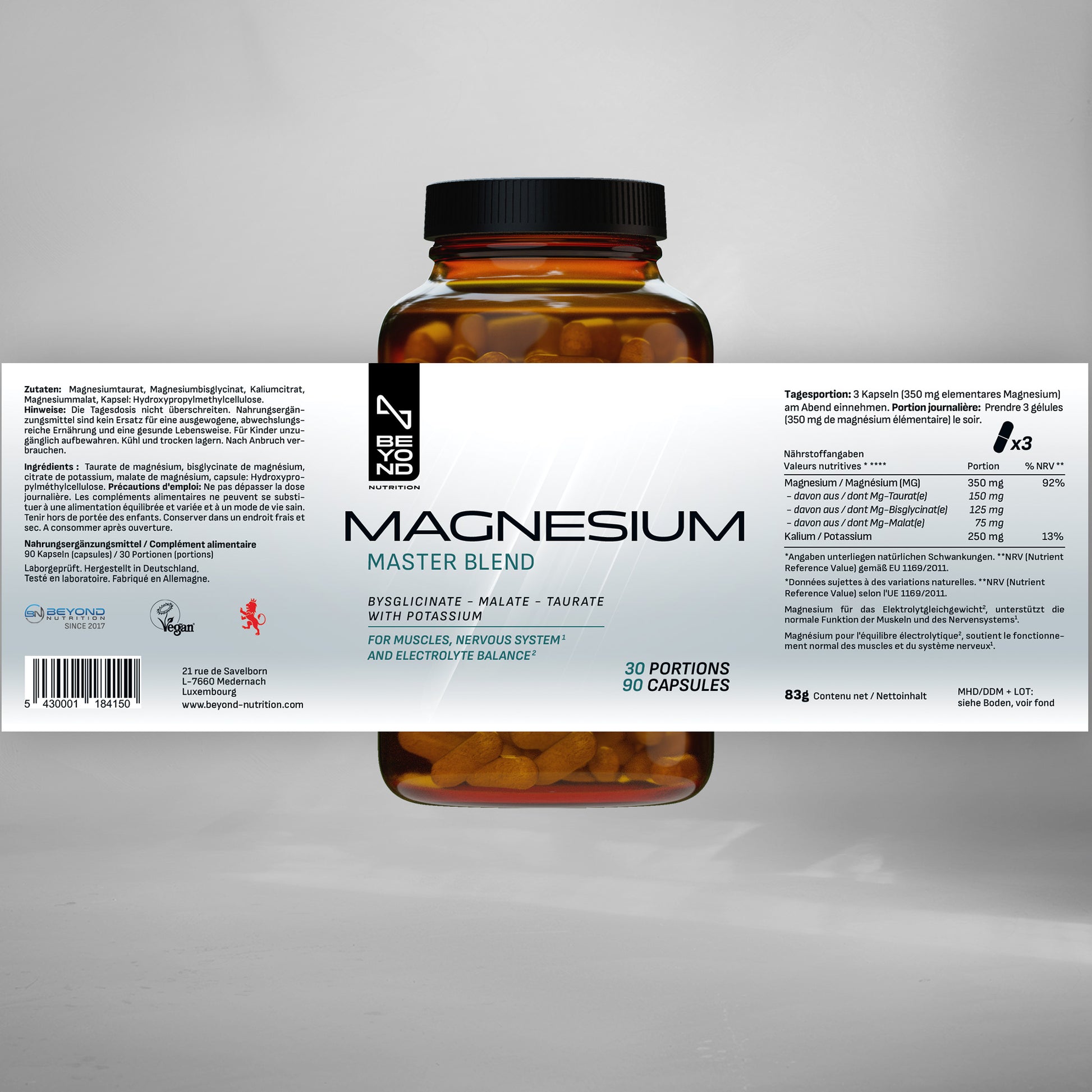 Beyond Nutrition Magnesium jar with label and a grey background with magnesium malate, taurate and bysglicinate