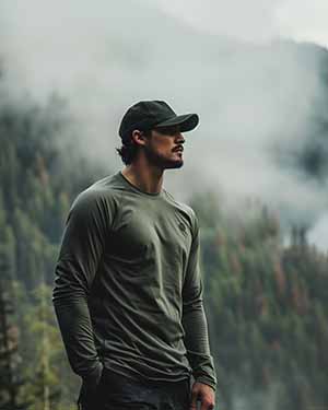 Man wearing a cap and green shirt standing in a forest with misty background