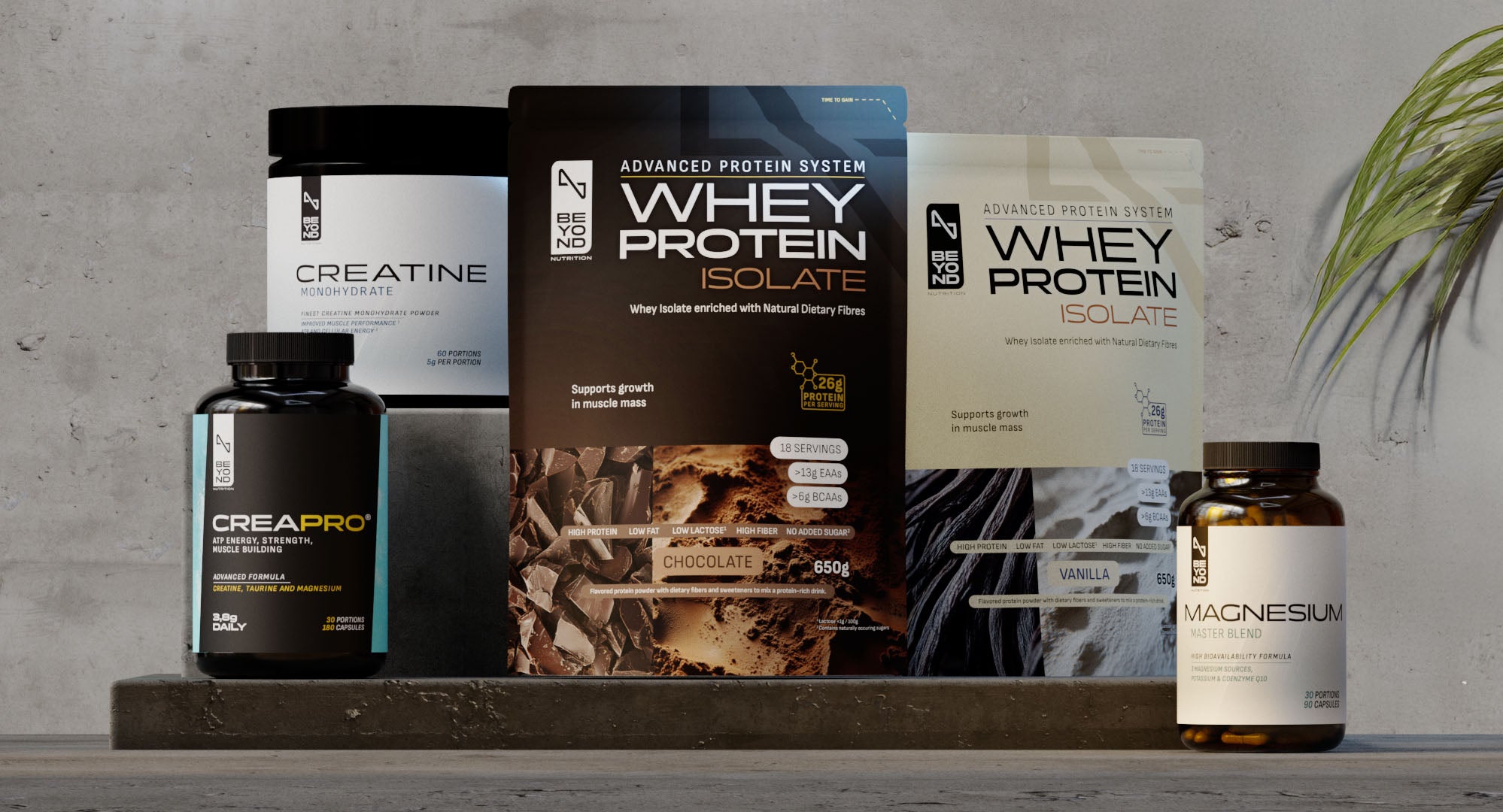 Supplement products including whey protein and creatine on a wooden surface with a neutral background.