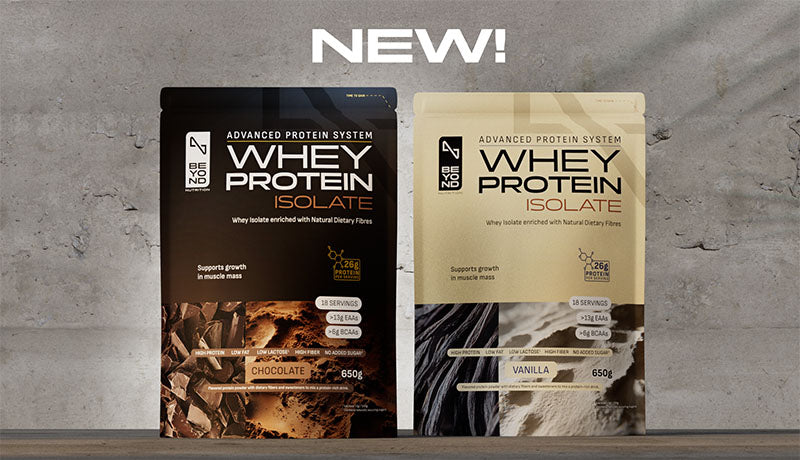 Two whey protein packages from Beyond Nutrition on a gray surface with 'NEW!' text above.