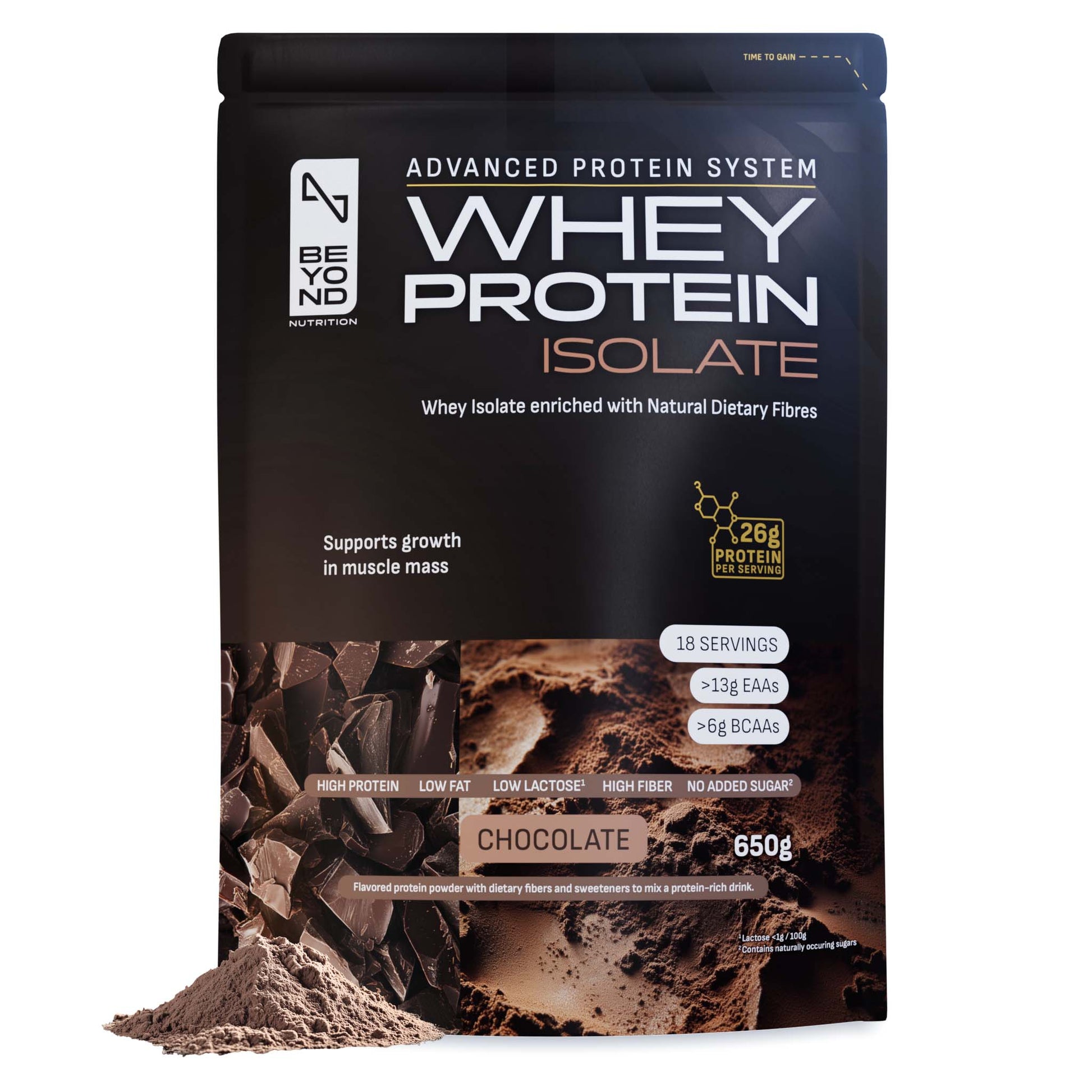 Whey protein isolate package with chocolate flavor on a white background