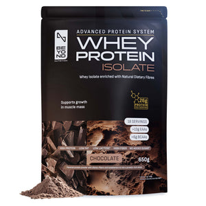 Whey protein isolate package with chocolate flavor on a white background