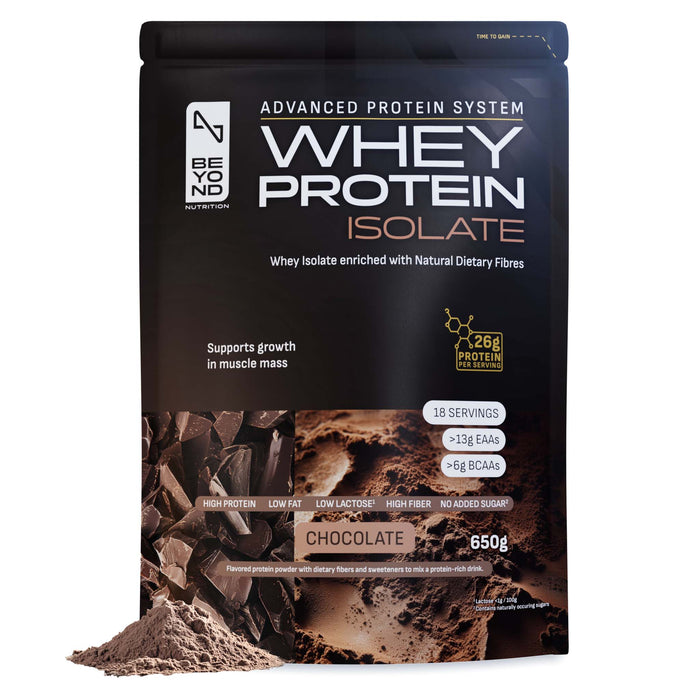 Beyond Nutrition whey protein isolate powder pouch, chocolate flavor, 650g, with 26g protein per serving, high fiber, low fat, low lactose, and no added sugar.