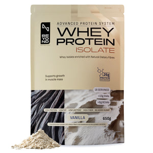 Beyond whey protein isolate package with vanilla flavor on a white background