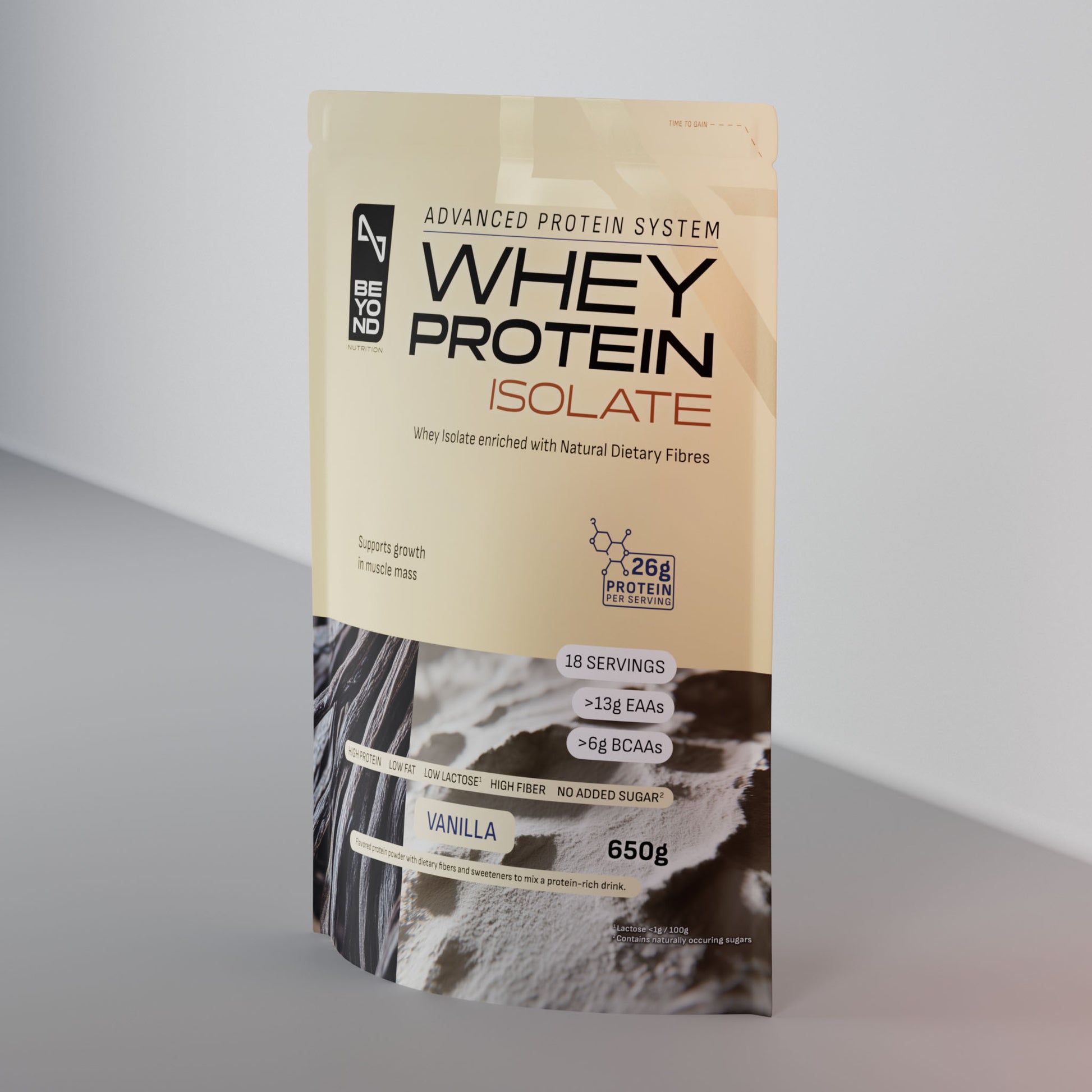 Whey protein isolate package on a gray background