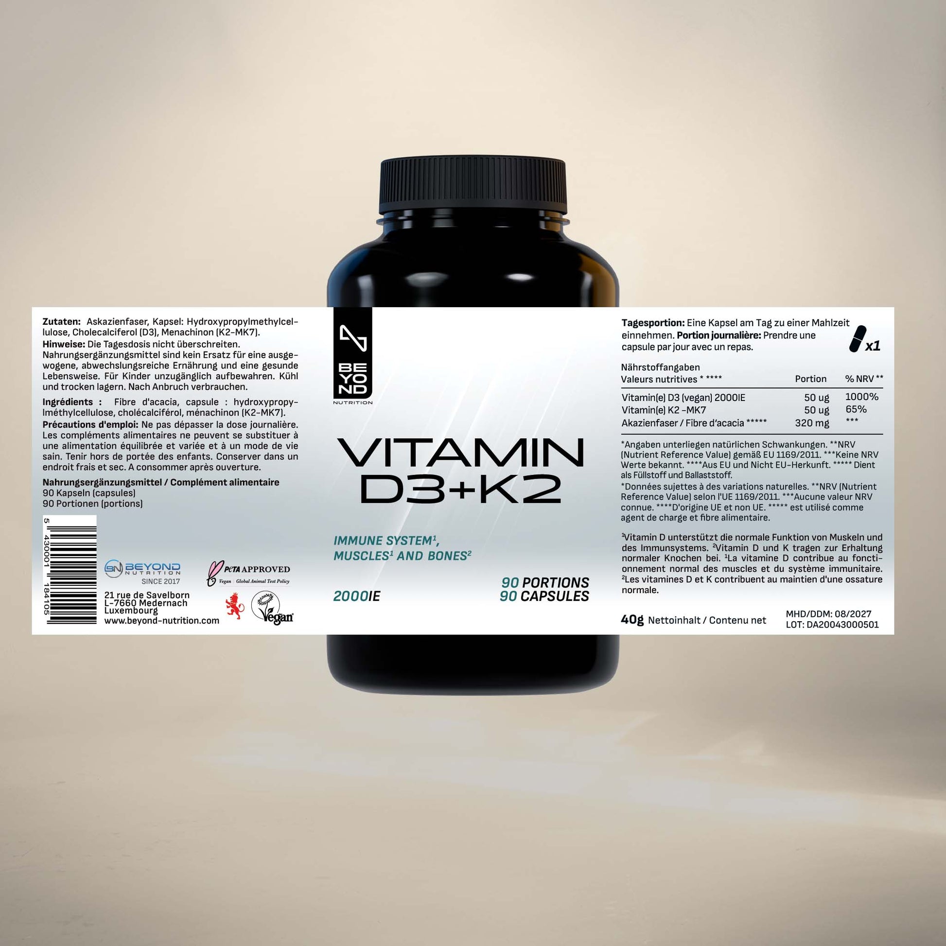 Vitamin D3+K2 supplement bottle with label on a beige background