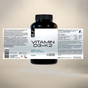 Vitamin D3+K2 supplement bottle with label on a beige background